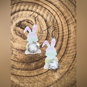 Pastel Striped Bunny Earrings with Fluffy Pom Pom